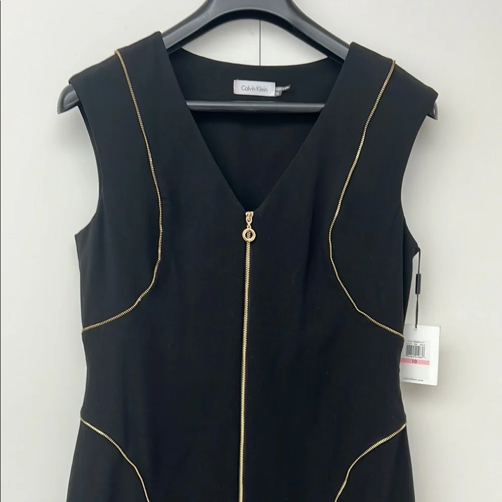 CALVIN KLEIN | Black Sheath Dress with Accent Contouring Gold Zipper Piping - Picture 7 of 12